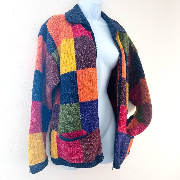 Invisible World Juneau Alaska Handknit Rainbow Patchwork Cotton Wool Zip Sweater - Picture 5 of 10